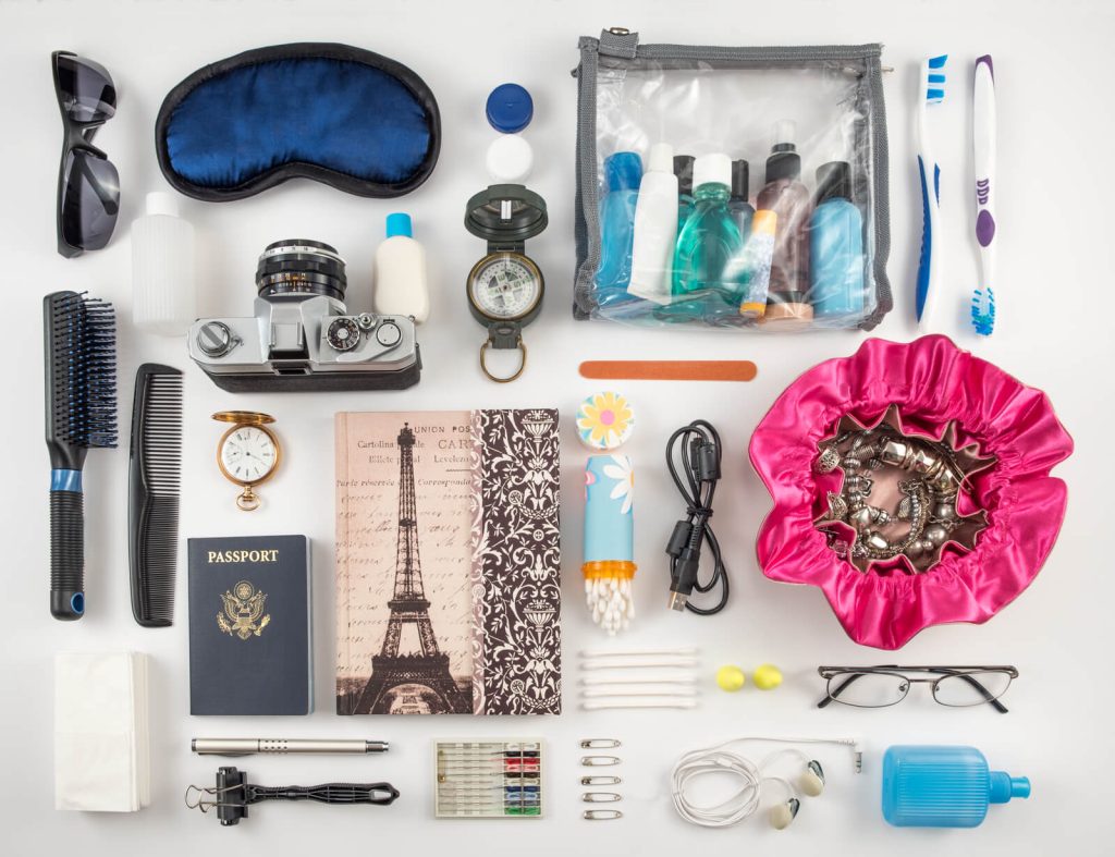 Flat lay of toiletries for travel