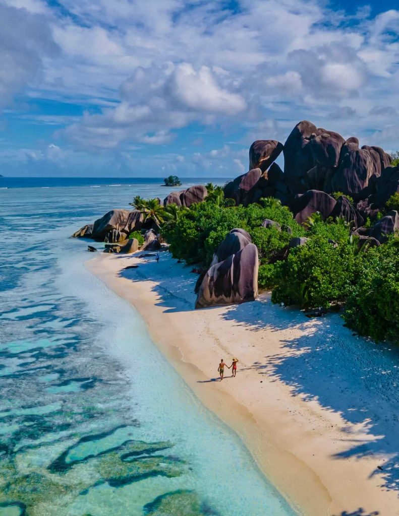 Aerial view of couple of beach in Seychelles