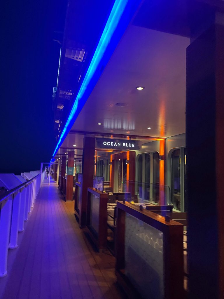 Ocean Blue restaurant sign on. Norwegian cruise ship