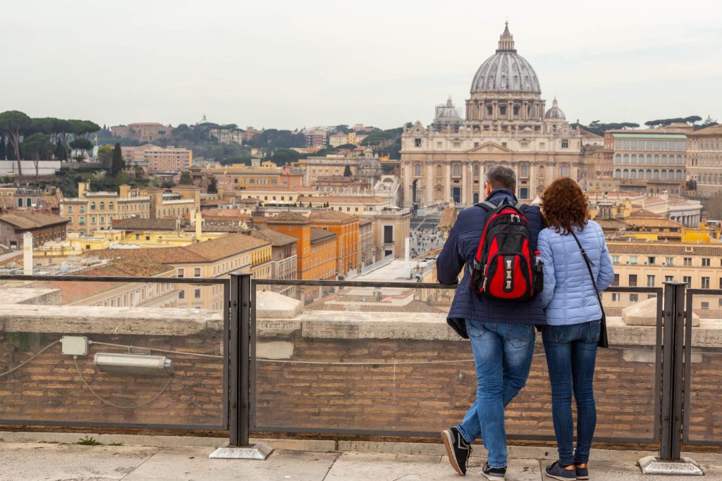 Couple looking at Rome skyline in November