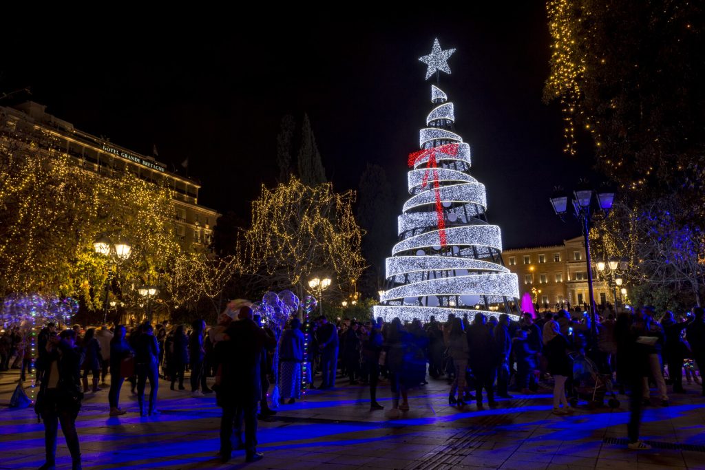 Illuminated Christmas Tree in Athens with People