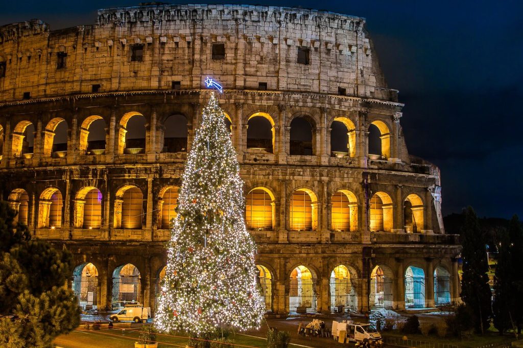 Colosseum in Rome with Christmas Tree in front