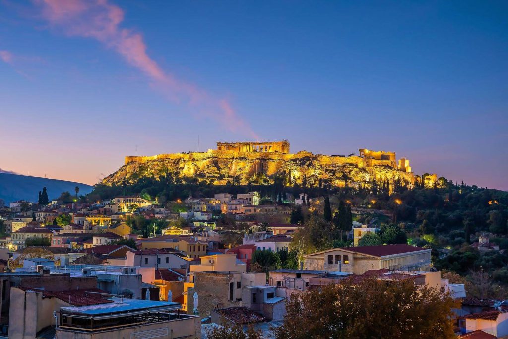 View of Athens skyline at sunset