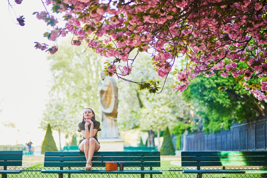 Woman sat on bench with pink cherry blossoms in the fore