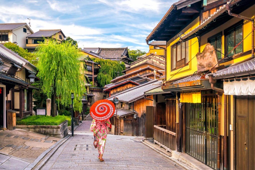 Woman in kimono walking street in Kyoto