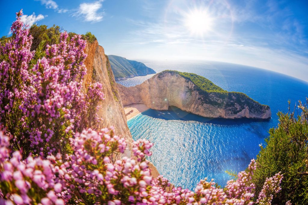 View of Greek island with spring blooms