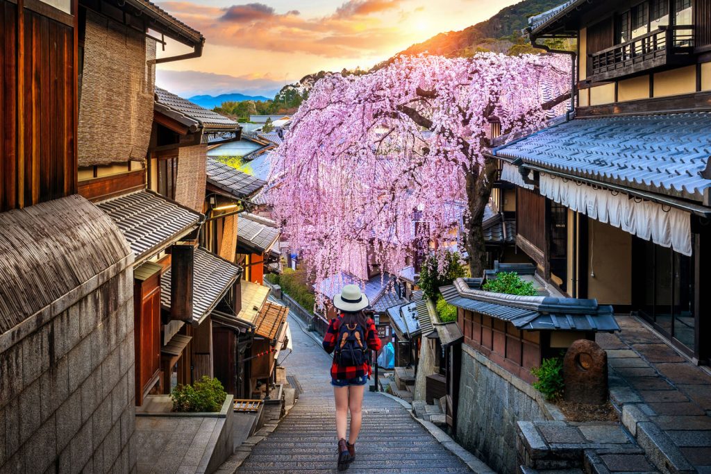 Image of woman walking street in Kyoto with a cherry blossom