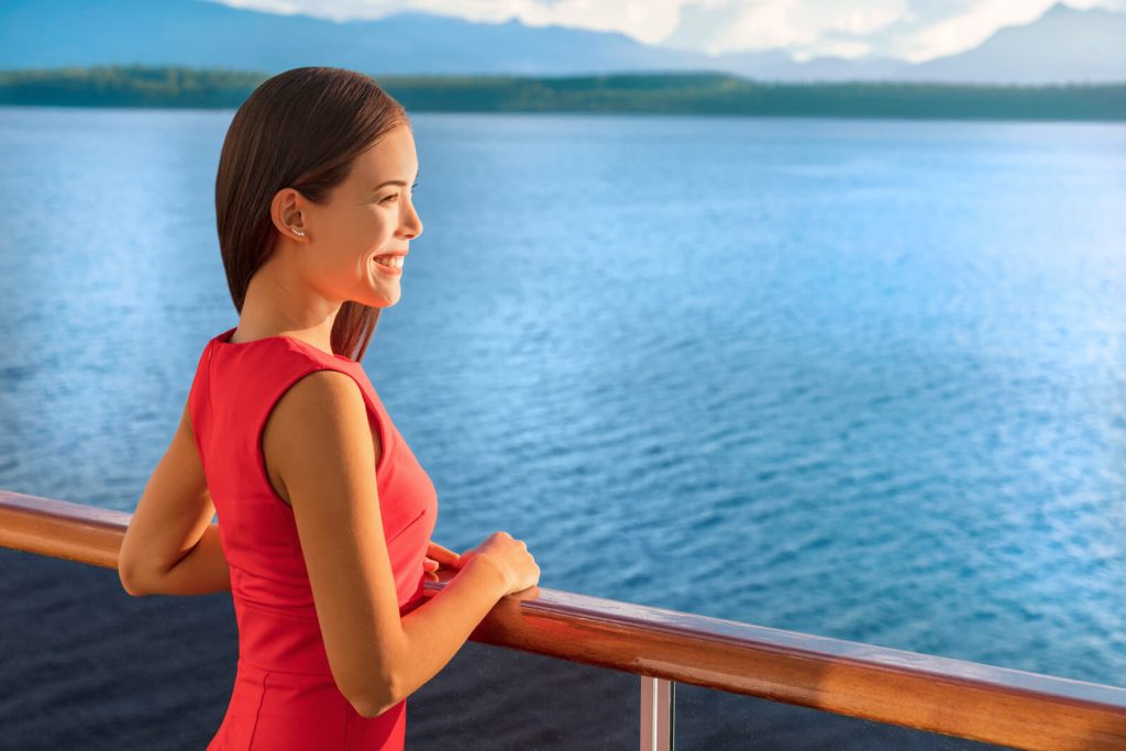 Woman in evening wear on an Alaska cruise