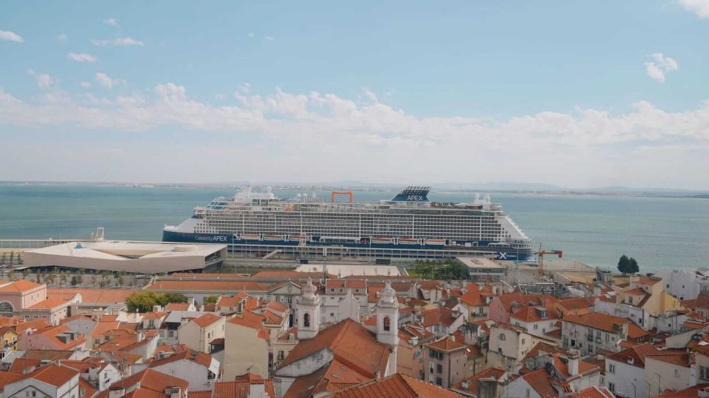 View of a Celebrity cruise ship in a European port